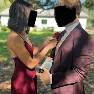 Full Maroon suit, 44s Jacket, MEDIUM tan colored vest, 34/32 pants, maroon tie